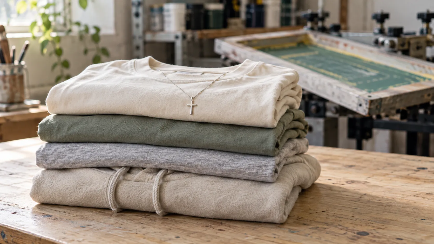 Folded t-shirts and a hoodie with a small cross necklace in a screen-printing studio